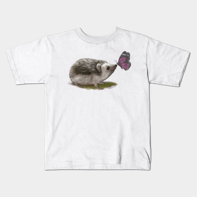 Cute Little Hedgehog and Butterfly Illustration Painting Kids T-Shirt by Stilo29